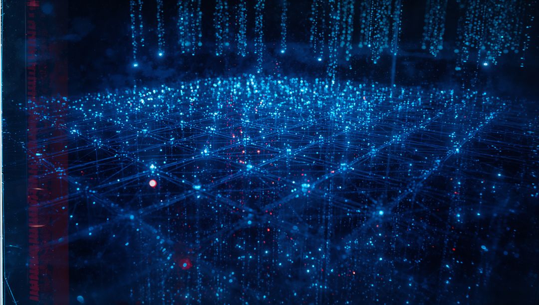 Futuristic Digital Network with Streaming Particles and Red Nodes