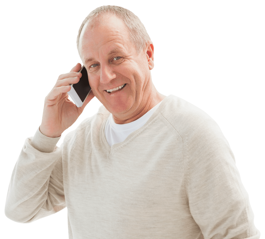 Smiling Mature Man Talking on Mobile Phone Transparent Background