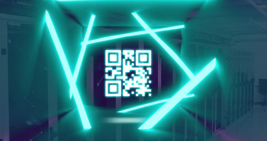 Neon QR Code with Servers in Background Conveys Technology Future