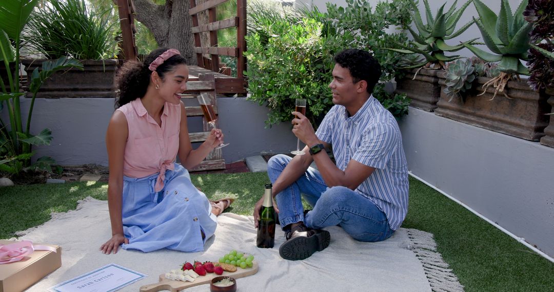 Couple Smiling During Outdoor Backyard Picnic