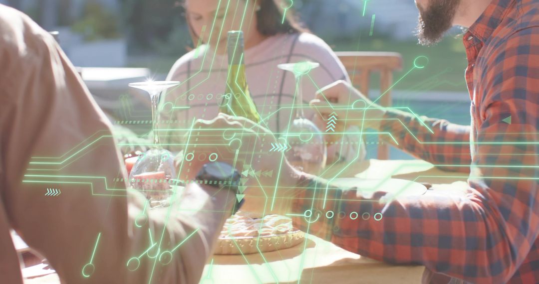 Friends enjoying backyard pizza and wine with augmented reality interface overlay