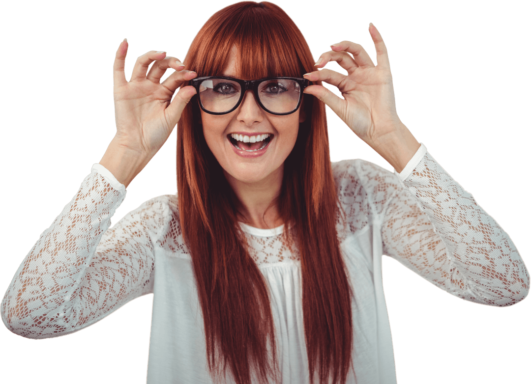 Smiling Woman with Red Hair Adjusting Glasses and Transparent Joy