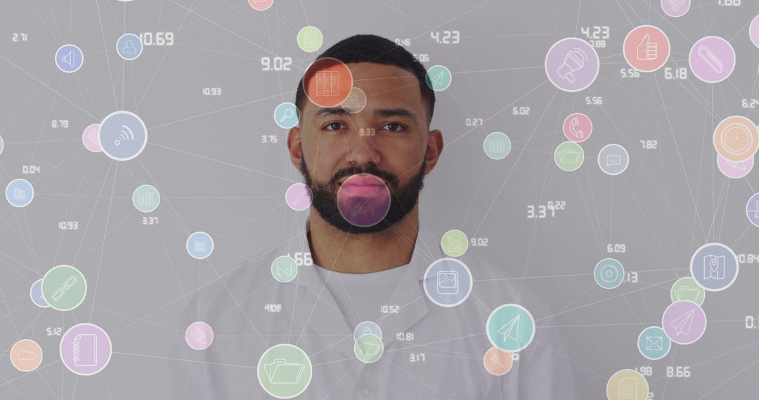 Man Surrounded by Digital Network Icons Symbolizing Global Connectivity
