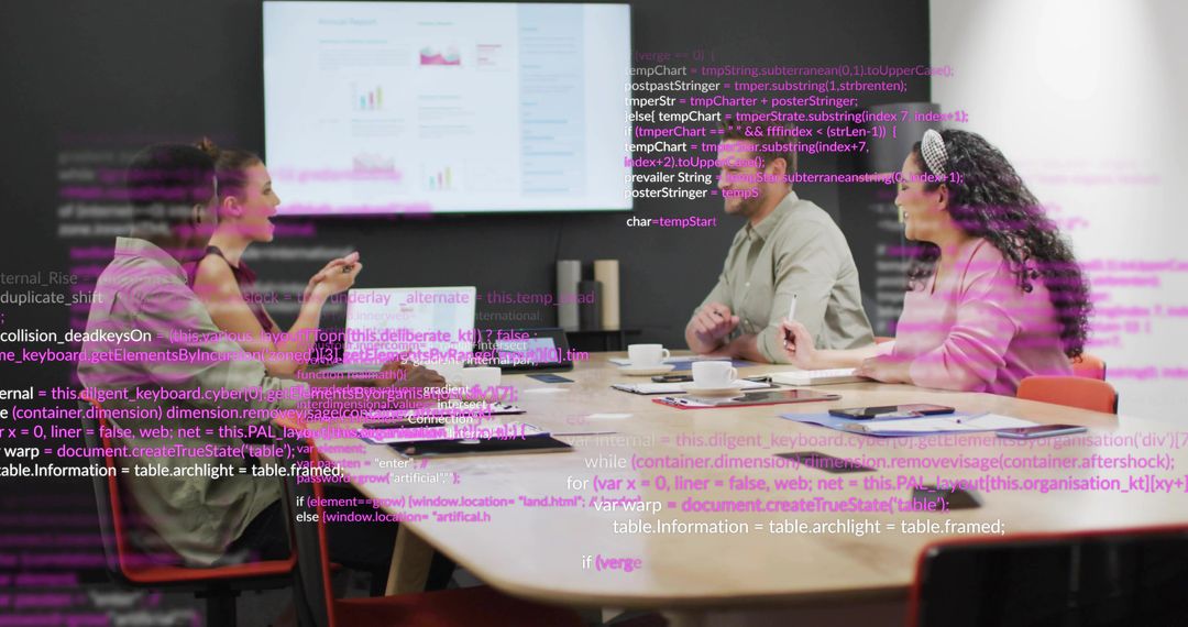 Team Collaborating in Modern Office with Digital Code Overlay
