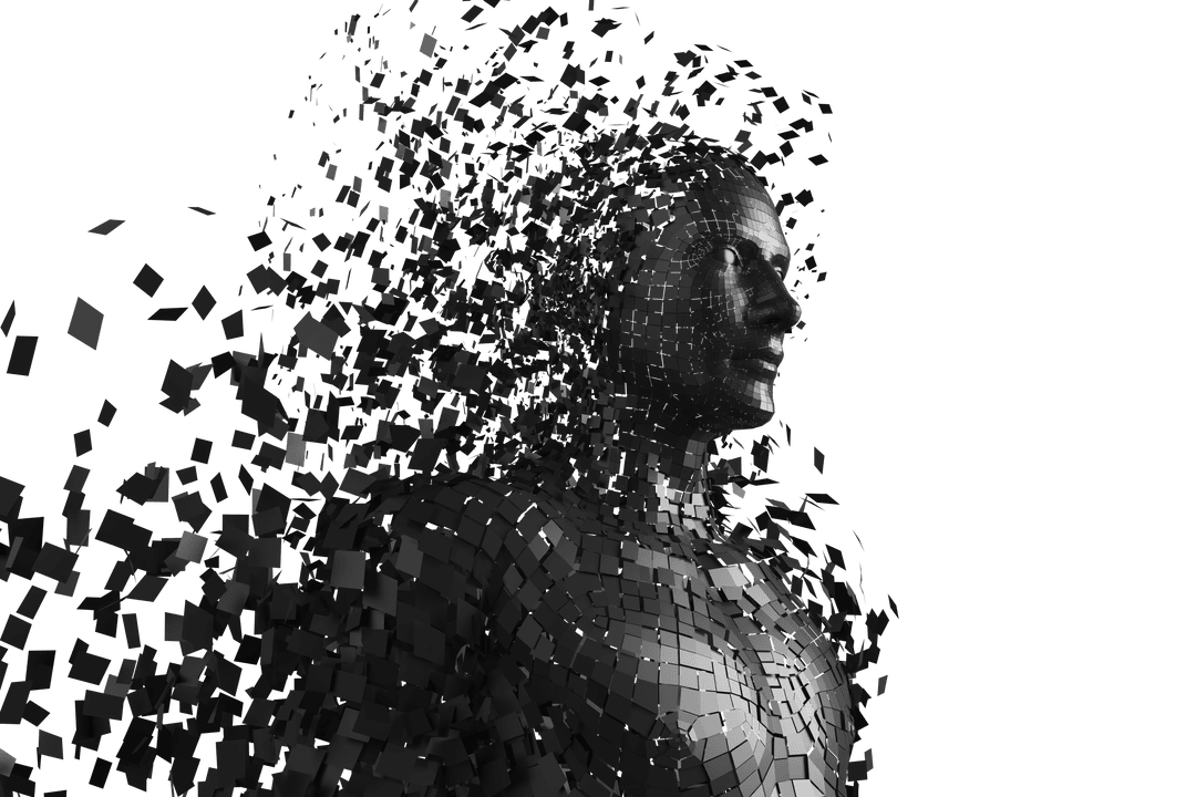 Transparent Disintegration of Pixelated 3D Male Figure