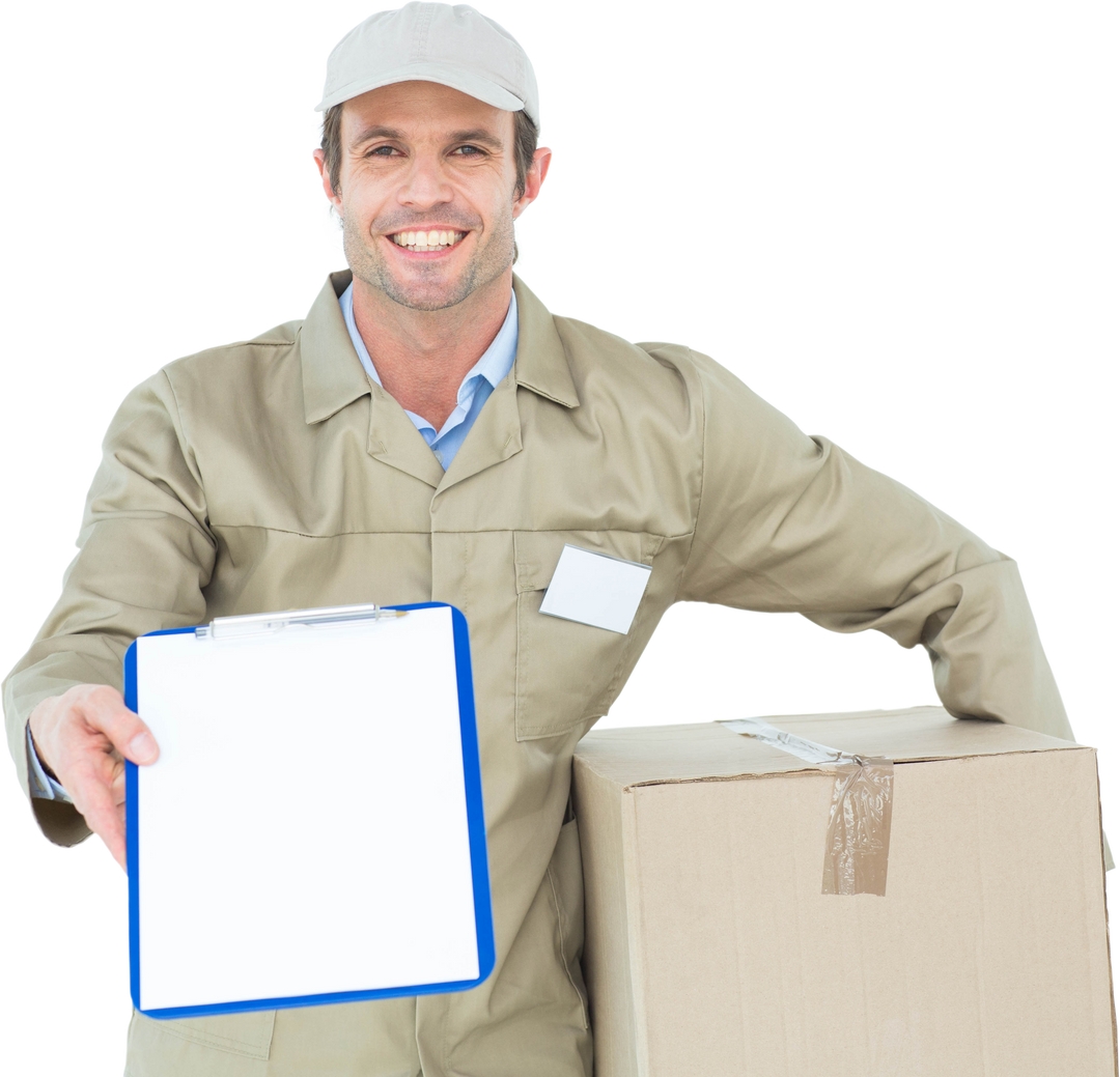 Happy Delivery Man with Clipboard Offering Service - Download Free Stock Images Pikwizard.com