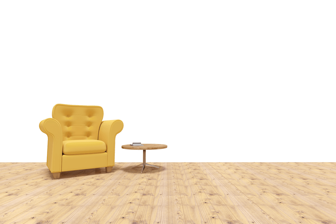 Yellow Armchair and Wooden Table on Transparent Background