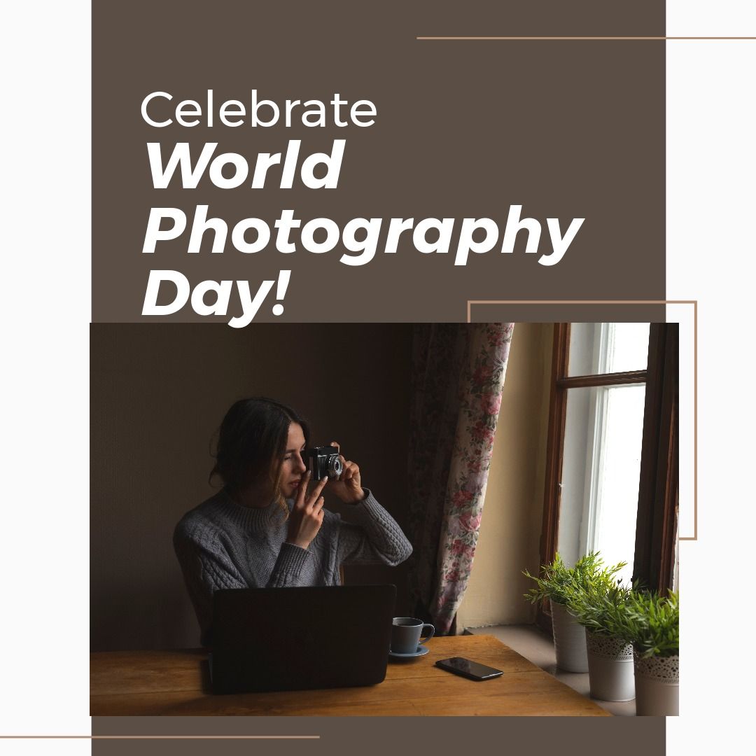 Image of celebrate world photography day over caucasisn woman with laptop taking photo with camera - Download Free Stock Templates Pikwizard.com