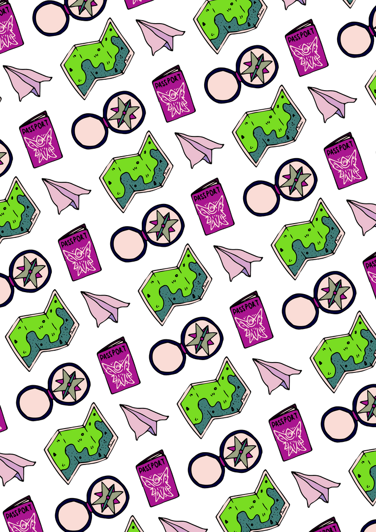 Transparent Travel-Themed Pattern with Maps and Compasses