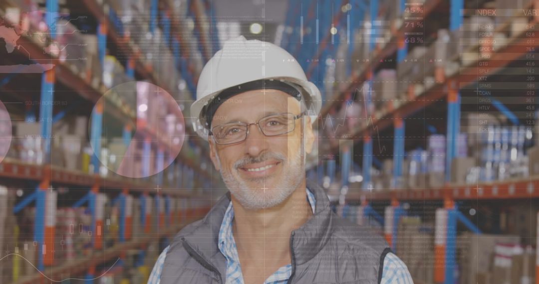 Smiling Warehouse Worker with Digital Data Overlay