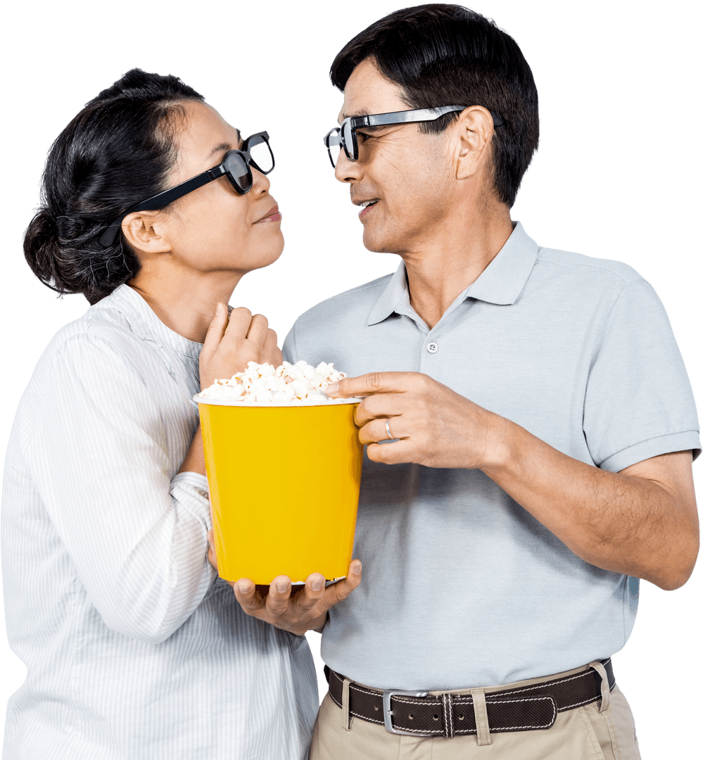 Happy Couple Enjoying 3D Movie and Popcorn on Transparent Background