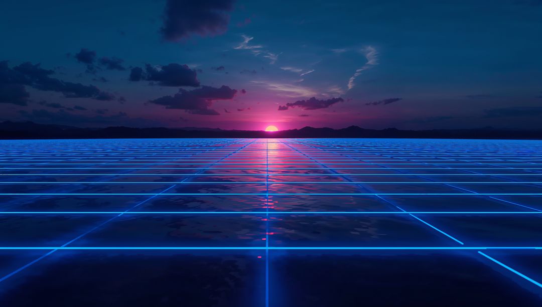 Neon Grid Sunset Over Reflective Horizon - Retro Futurism Synthwave Scene with Glow
