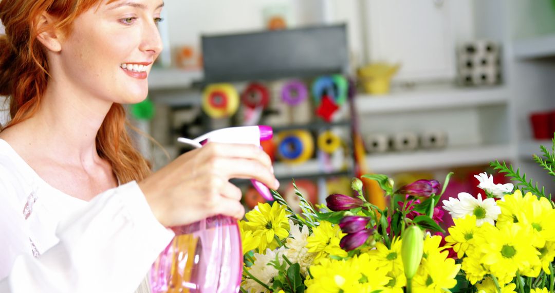 Smiling Female Florist Tending Vibrant Flower Display - Free Images, Stock Photos and Pictures on Pikwizard.com