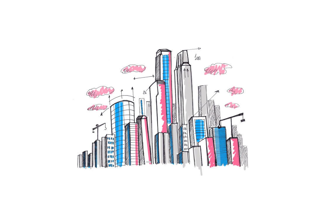 Cityscape Illustration on Transparent Background with Skyscrapers