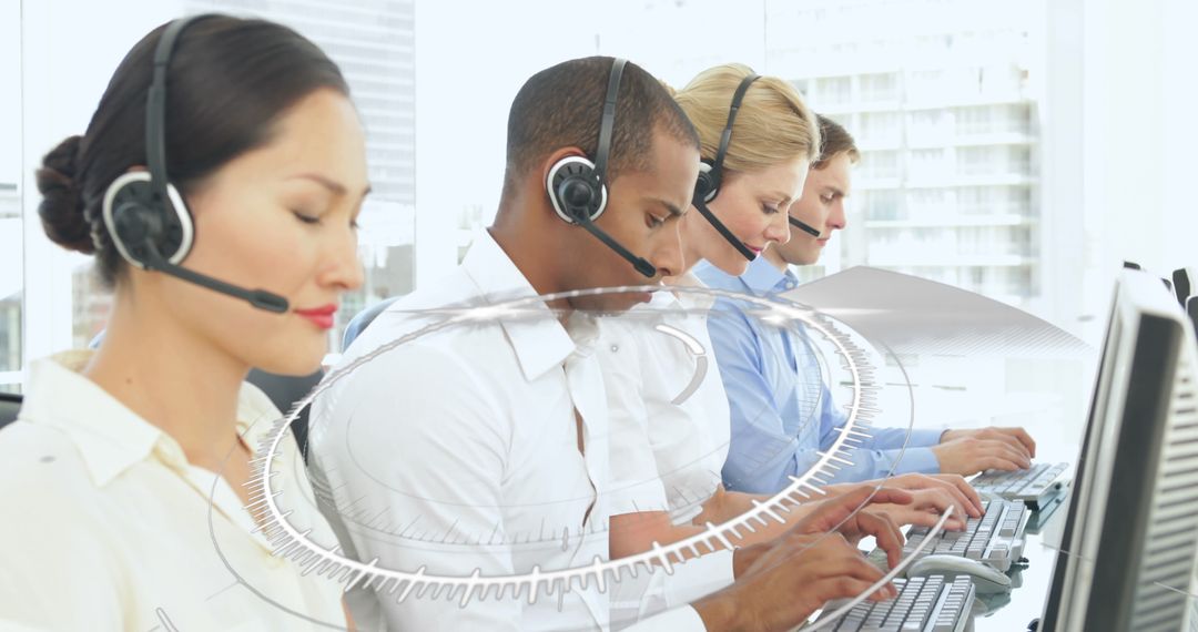 Multiracial call center team using computers with digital overlay