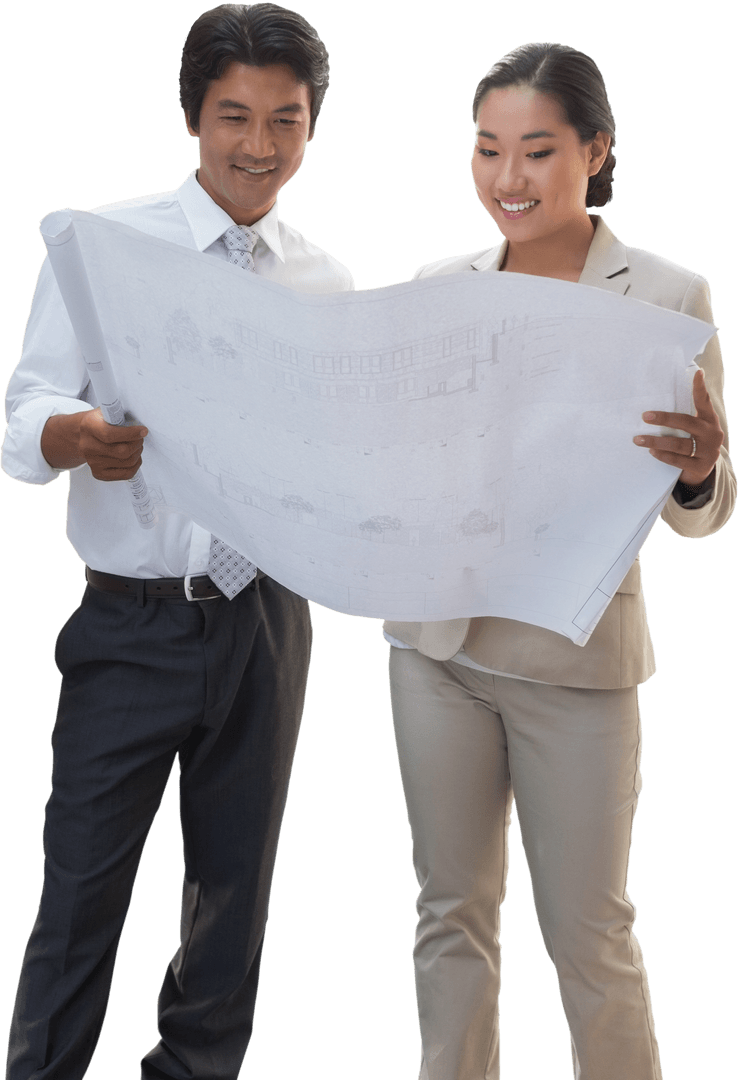 Transparent Business Professionals Analyzing Building Blueprints