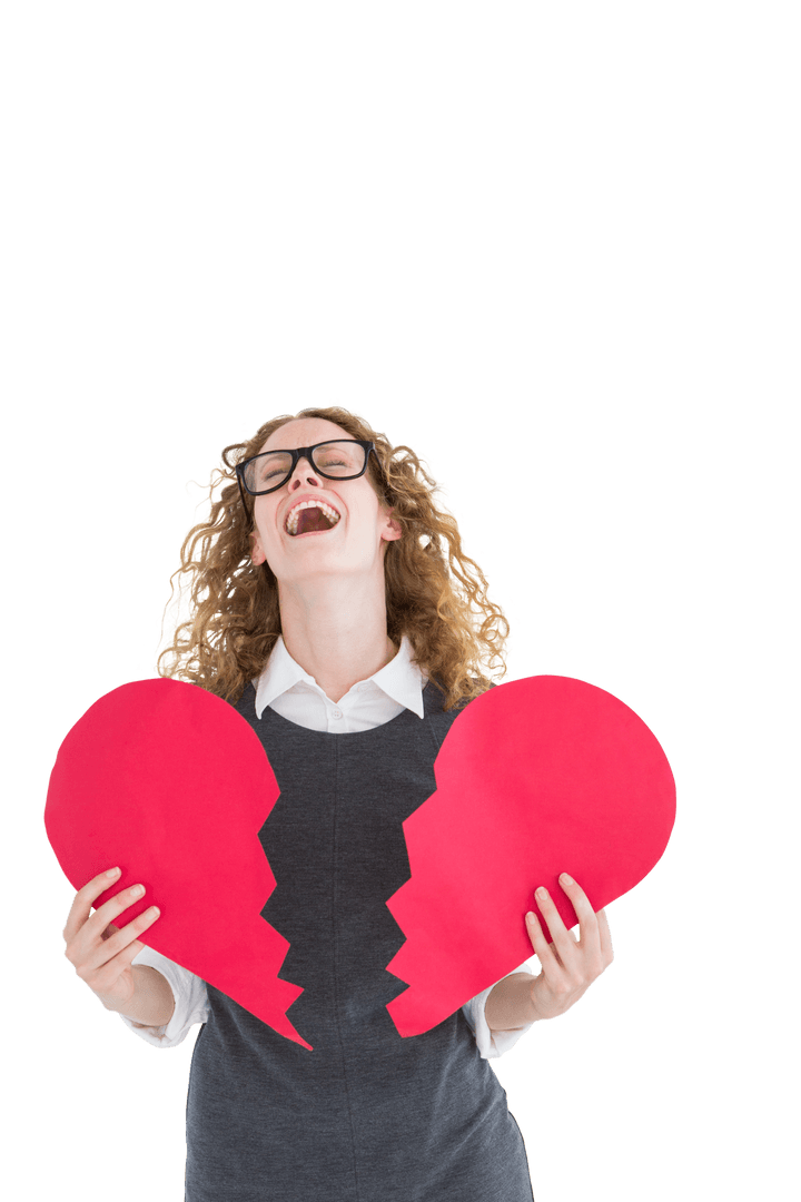 Laughing Woman Holding Transparent Broken Heart Card