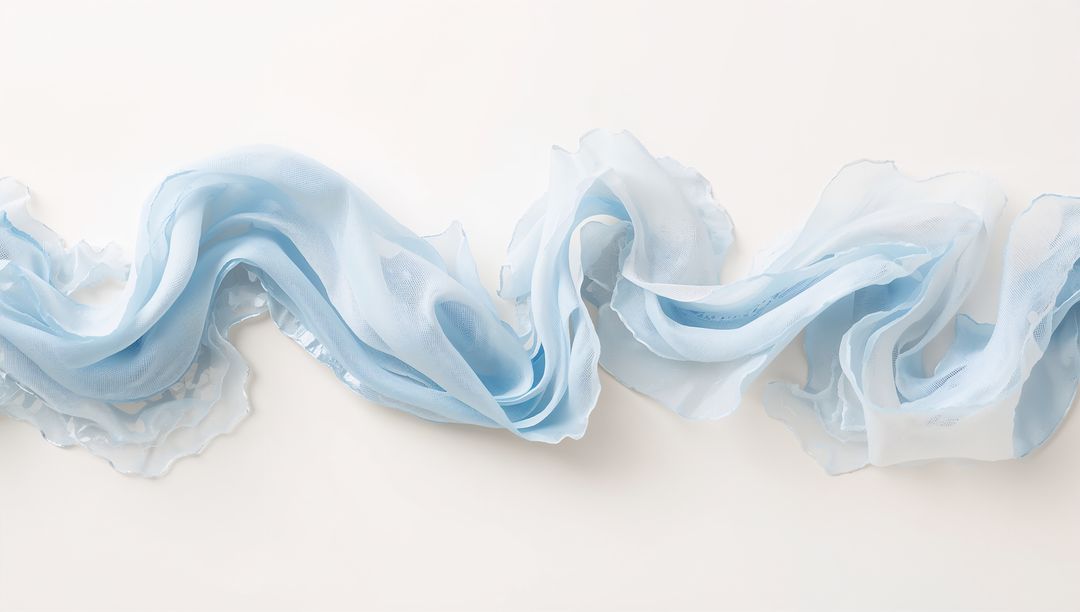 Flowing pale-blue chiffon ribbon forming S-curve with soft folds, minimalist style
