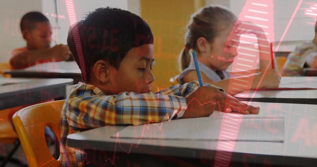 Focused Boy Writing in Classroom with Futuristic Overlay