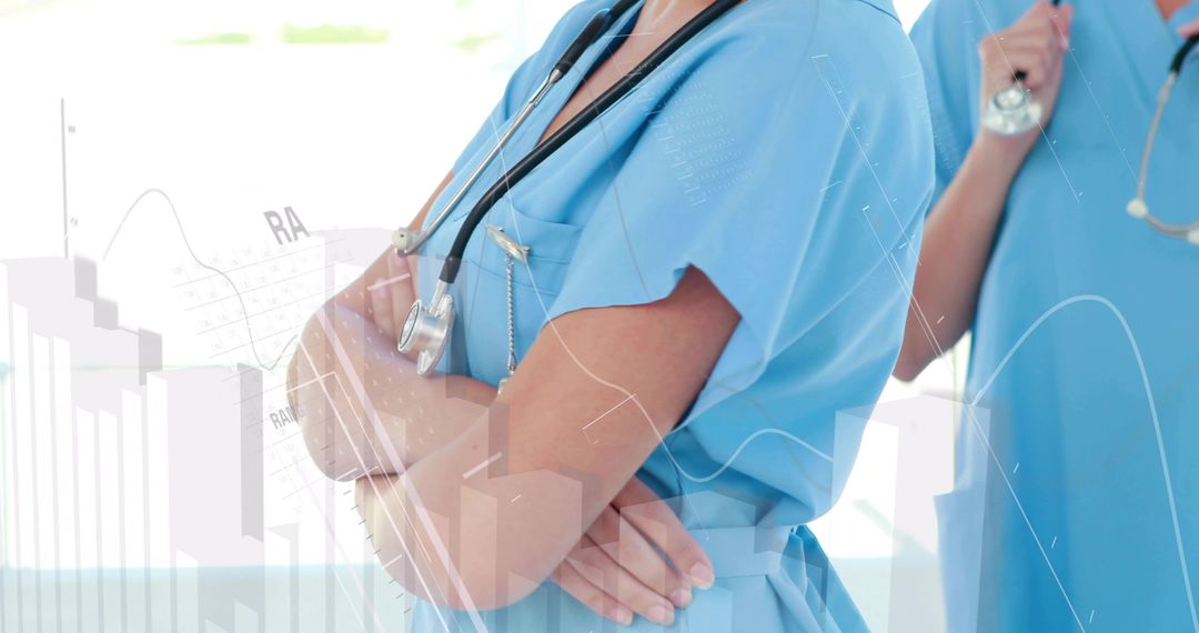 Female clinician standing with arms crossed in scrubs with overlaid medical data analytics
