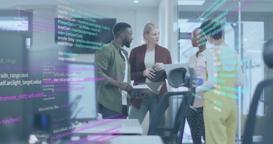 Diverse Team Analyzing Data and Coding in Modern Office