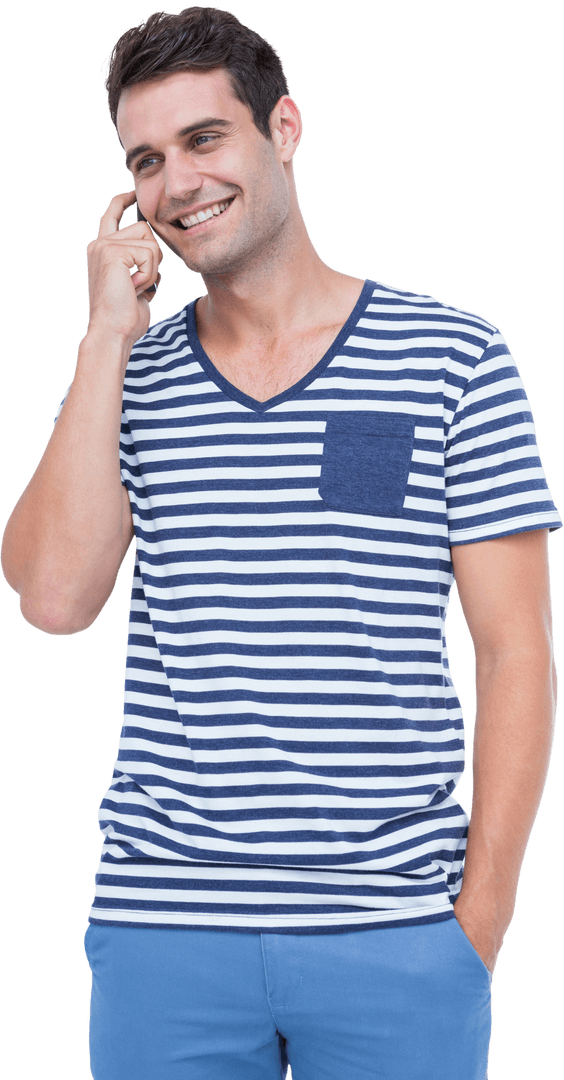 Smiling Man Talking on Phone in Casual Striped T-shirt Transparent Background