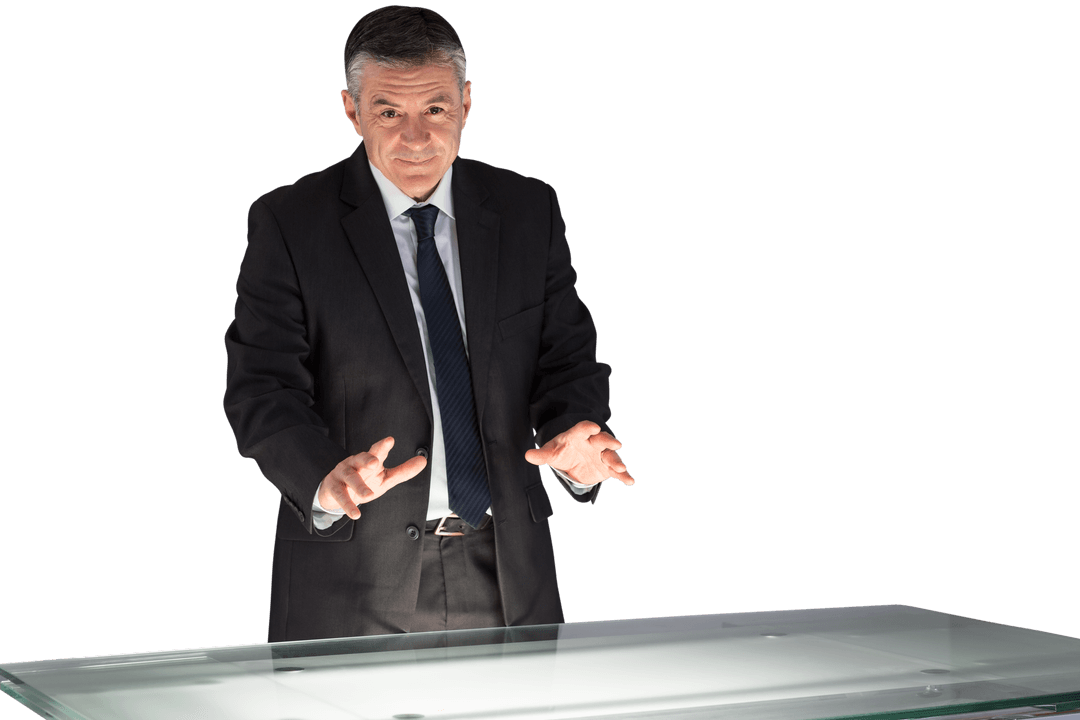 Mature Businessman Using Transparent Interactive Table with Technology