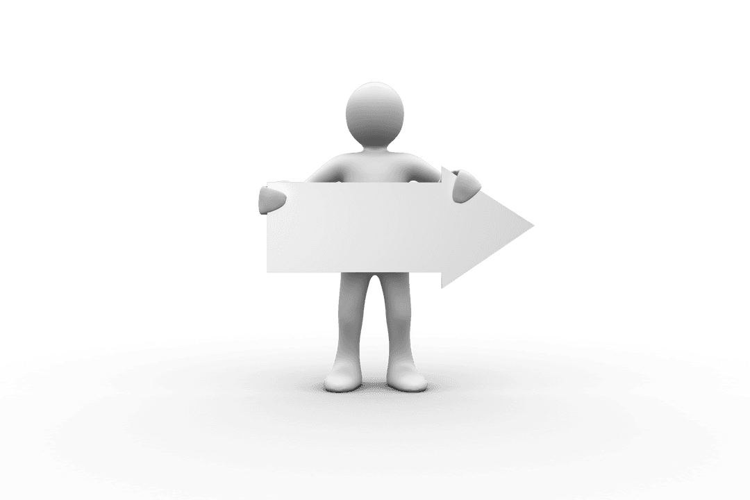 3D Humanoid Holding Blank White Arrow Sign Transparent Background