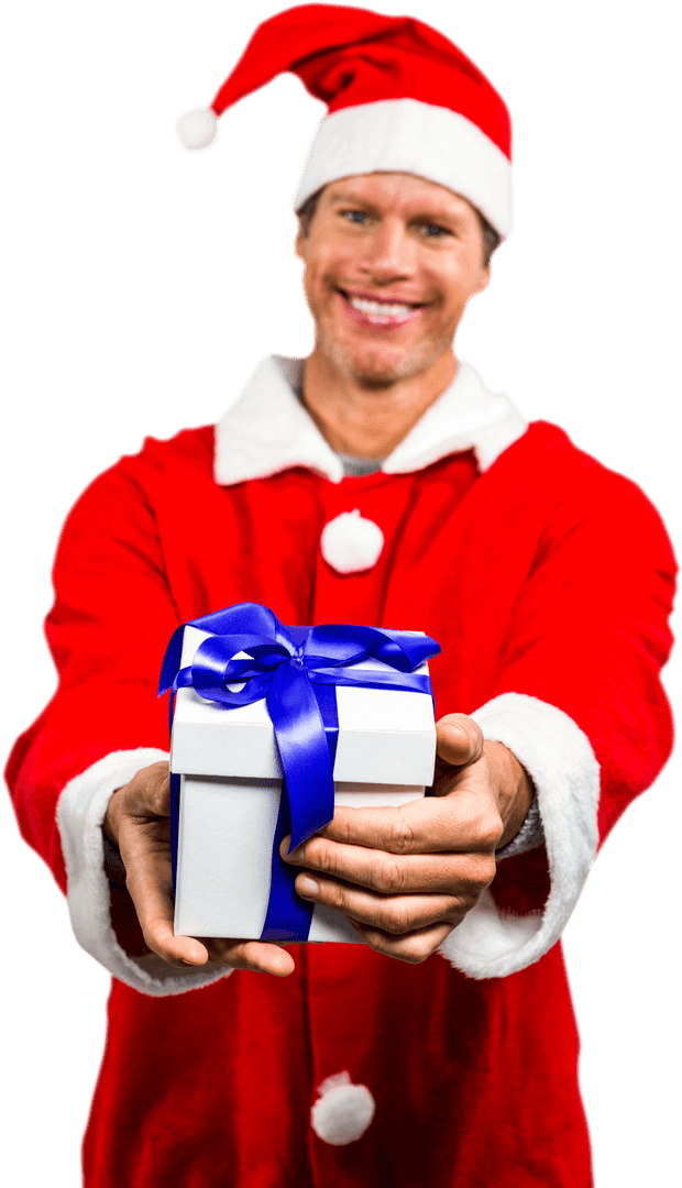 Smiling Man in Santa Costume Presenting Gift Box on Transparent Background