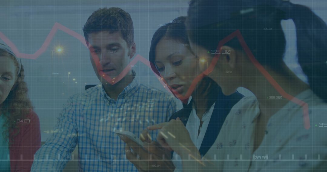 Diverse Team Discussing Reports Amid Digital Growth Chart Overlay