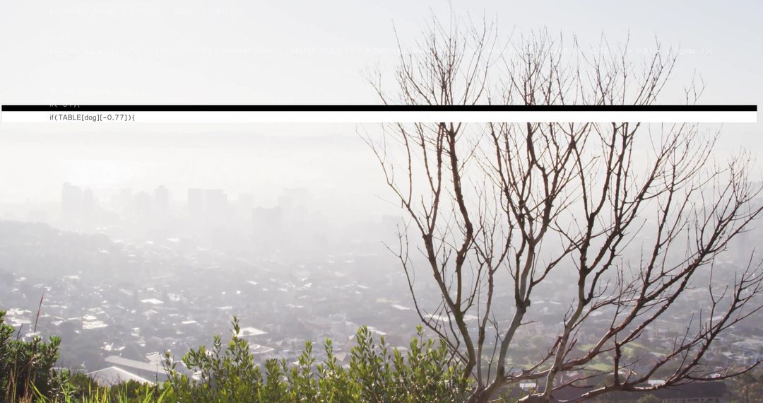 Digital Interference Over Urban Cityscape With Barren Trees