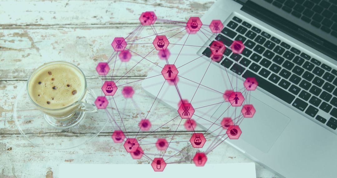 Digital Mesh Network with Coffee and Laptop on Rustic Table