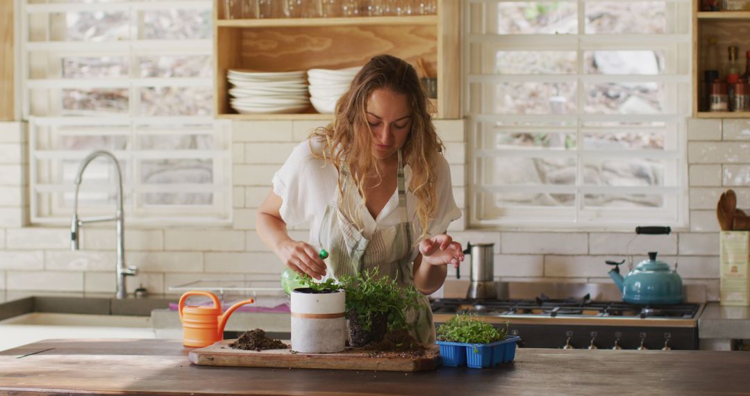 Woman Growing Indoor Plants in Modern Kitchen - Free Images, Stock Photos and Pictures on Pikwizard.com