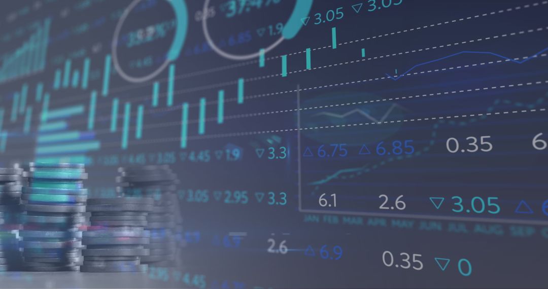 Stacks of Coins with Digital Financial Data Overlay