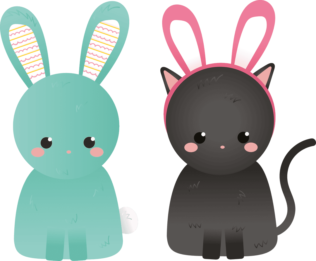 Cute Cat and Bunny with Bunny Ears Illustrator Design on Transparent Background
