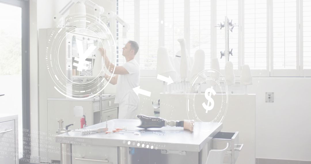 Technician adjusting prosthetic leg in clinical lab calibrating advanced prosthetic socket