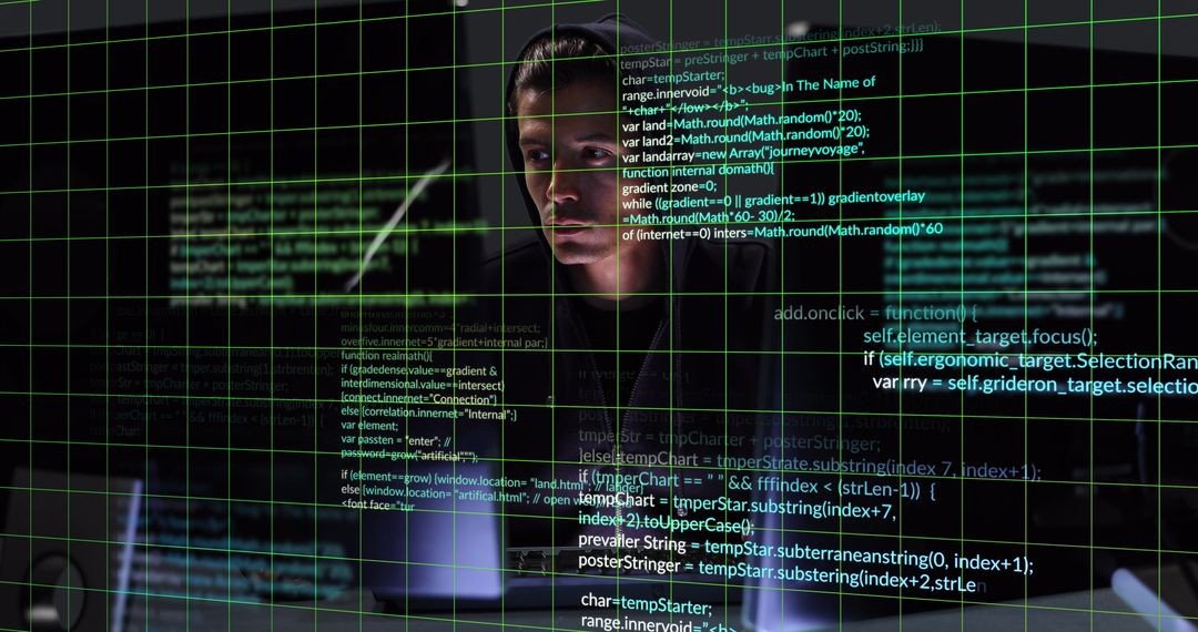 Caucasian Man Hacker in Control Center Surrounded by Data Code