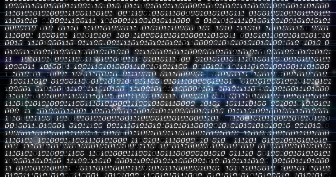 Scrolling Binary Code Overlay with Blue Glowing Data Streams and Circuit Grid