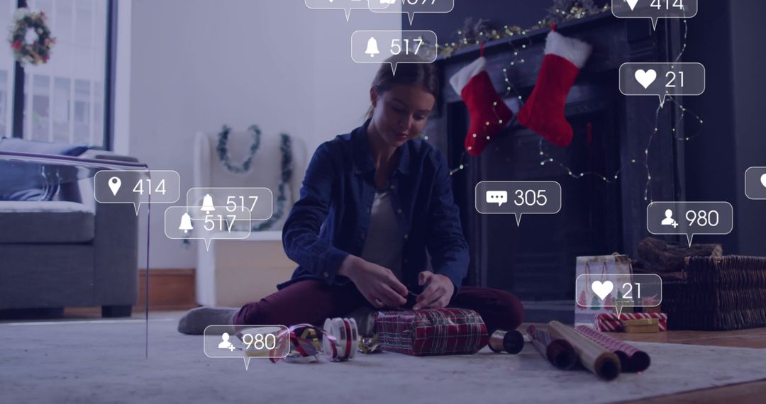 Woman Engaging with Social Media While Wrapping Holiday Gifts