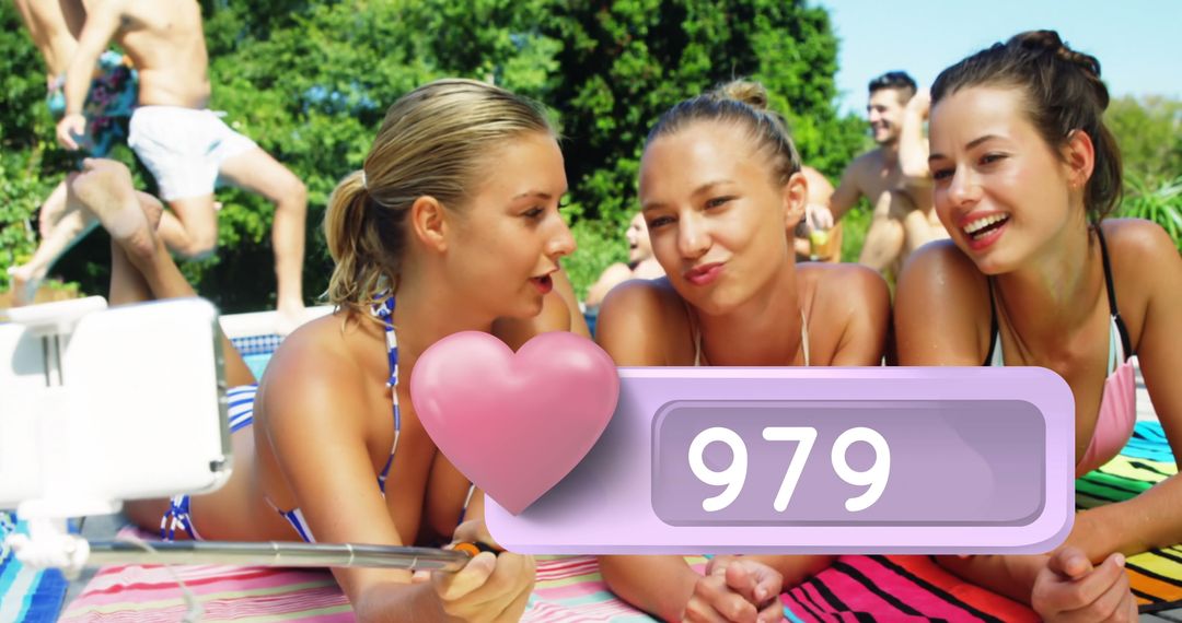 Three Women Relaxing on Beach Taking Selfies with Social Media Concept