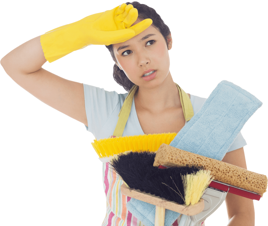 Transparent Cleaning Woman Holding Brushes Mops Weary Expression