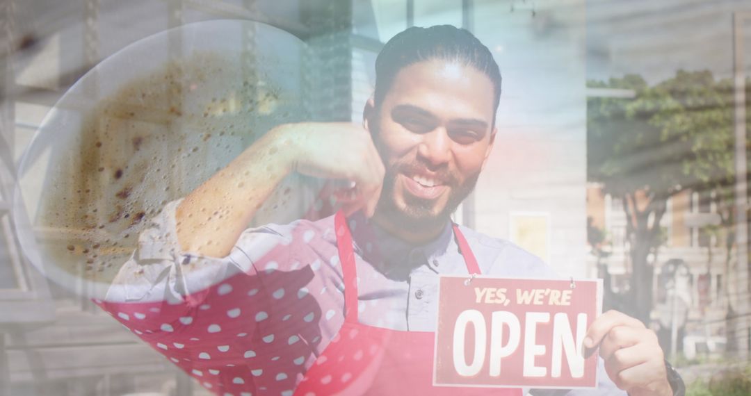Barista Holding Open Sign with Coffee Cup Reflection