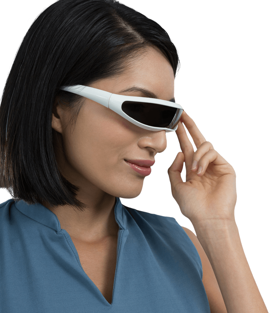 Innovative Businesswoman Using Futuristic Transparent Virtual Reality Glasses