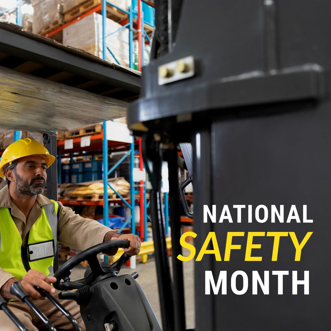 Warehouse Worker Celebrating National Safety Month in Protective Gear - Download Free Stock Templates Pikwizard.com