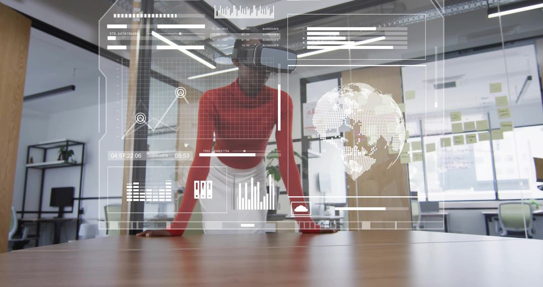 Presenting Businesswoman Wearing AR Headset Displaying Interactive Data Dashboards in Boardroom
