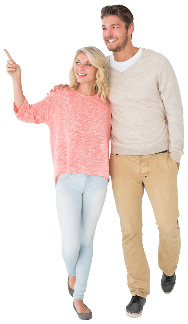 Transparent Smiling Couple Pointing Walking Cheerful Mood