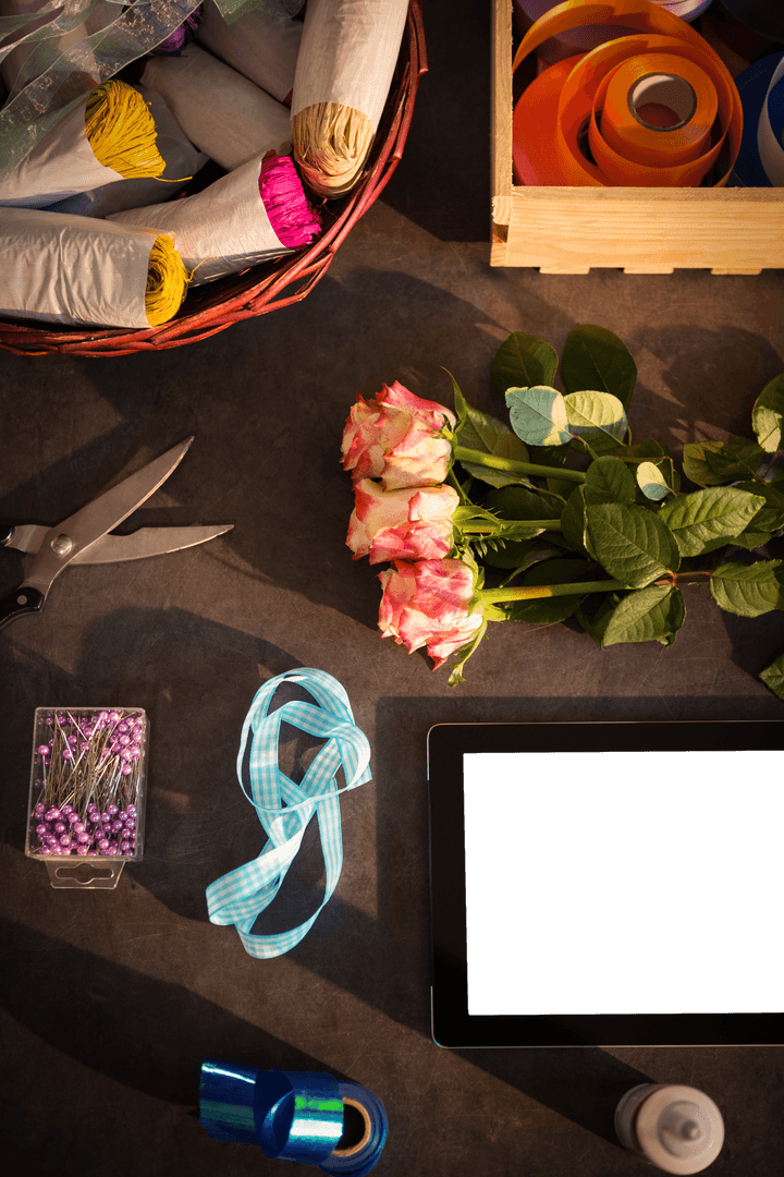 Creative Floristry Workspace with Digital Tablet on Transparent Background