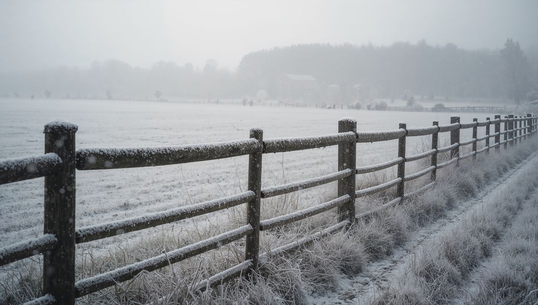 Snow-Covered Split-Rail Fence Stretching Across Frosty Rural Meadow With Distant Barn