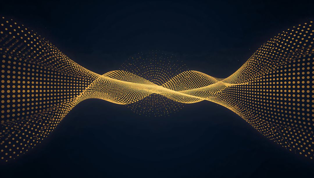 Golden dotted waveforms twisting and converging over deep navy void forming luminous knot
