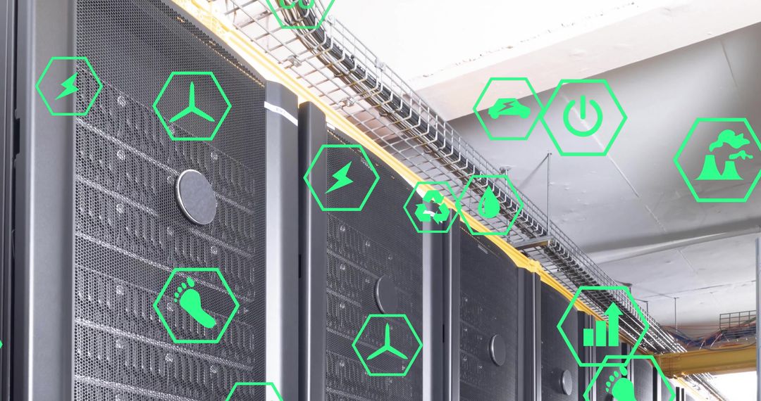 Sustainable Technology in Modern Server Room with Ecological Icons